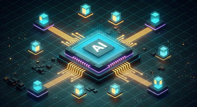 Futuristic cyberpunk network core with glowing lights and digital connections