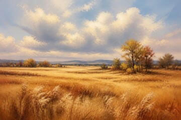 Obraz premium Golden autumn meadow with cloudy sky and distant trees