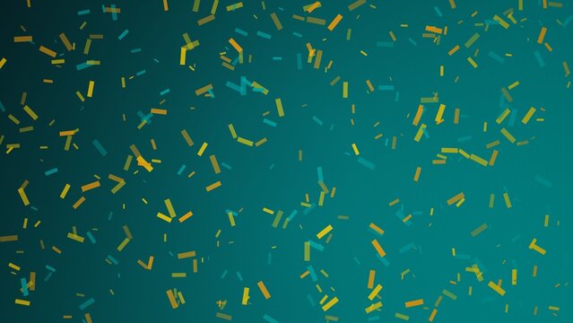 Abstract background, with floating yellow, and cyan rectangular, confetti particles against, a teal gradient, backdrop for party, celebration themes