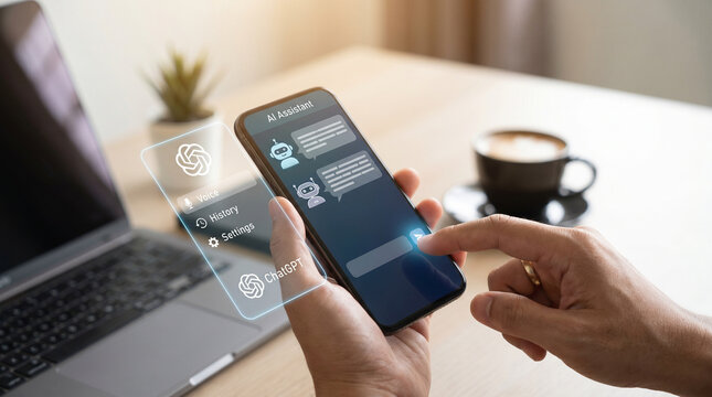 AI Assistant on Smartphone, Artificial Intelligence Chatbot and Voice Technology for Digital Communication, Mobile AI App