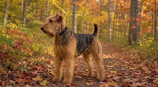 Airedale Terrier standing on a leaf-covered forest path amid golden autumn foliage, alert and proud with wiry tan and black coat