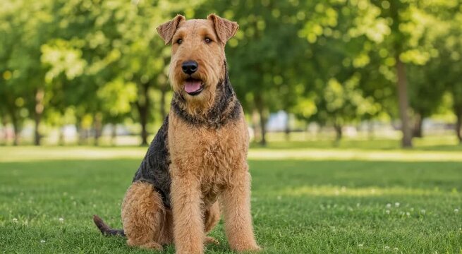 A well-groomed Airedale Terrier sitting on green grass in a sunny park with trees