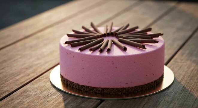 Pink mousse cake adorned with chocolate curls on wooden table, sunlit