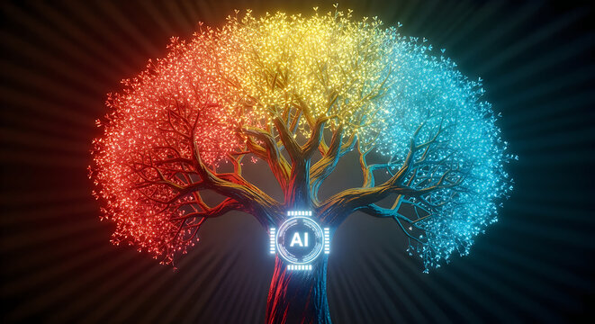 Colorful abstract tree representing growth innovation and digital connection