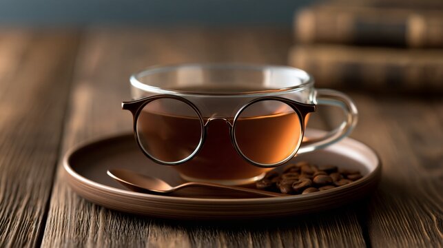 A creative coffee cup with glasses, presented on a wooden table with coffee beans.