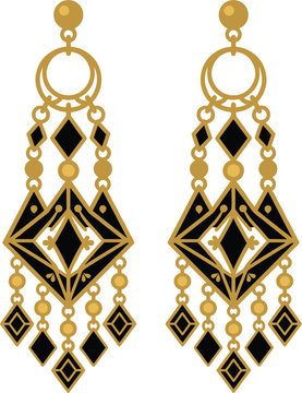 Luxury gold chandelier earrings pair with black enamel geometric ornaments dangle beads glamour fashion jewelry design