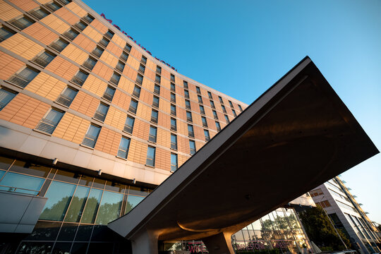 Poznan, Poland - July 8, 2026: Exterior of the Mercure Poznan Centrum, the former Hotel Merkury, a landmark postwar hotel in central Poznan.