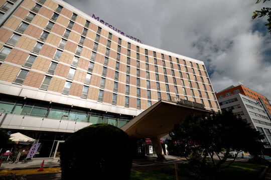 Poznan, Poland - July 8, 2026: Exterior of the Mercure Poznan Centrum, the former Hotel Merkury, a landmark postwar hotel in central Poznan.