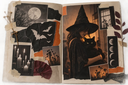 Taped Halloween Zine Artwork Collage with Witch Portrait and Analog Paper References