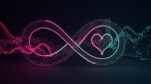 Neon Infinity Symbol with Glowing Heart Made of Flowing Particles
