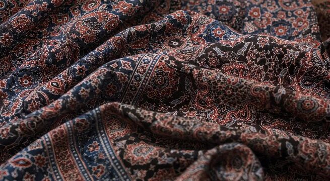 Close-up of richly patterned paisley textile in navy, rust and cream tones, draped with folds and intricate floral and geometric motifs