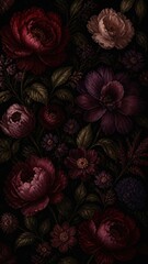 Fototapeta premium Dark floral botanical pattern mobile wallpaper with moody burgundy blooms