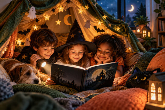 Small Group of Children Sharing a Halloween Story inside a Warm Reading Fort