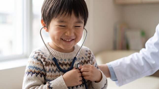 Young child smiling during medical examination with stethoscope