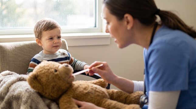 Healthcare provider examining toddler with stuffed animal comfort