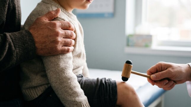 Adult holding child during medical reflex test with small hammer