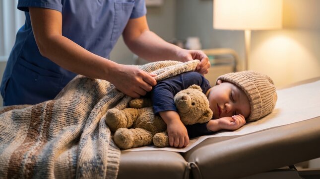 Healthcare provider examining sleeping child with teddy bear on examination table