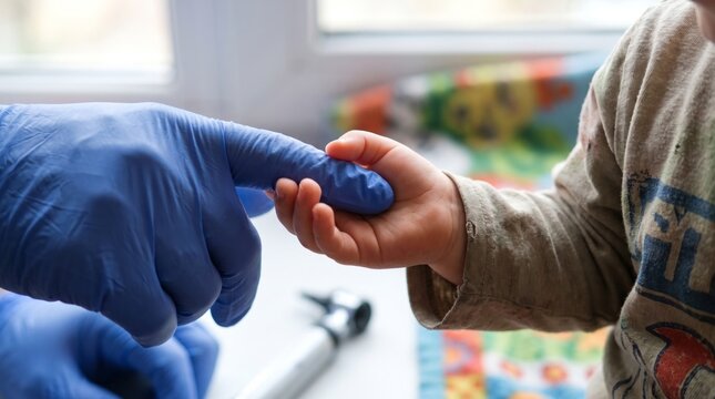 Child holding caregiver hand in medical setting