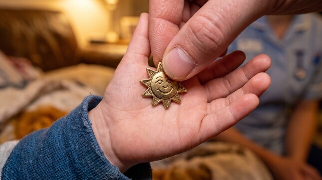 Child holding golden sun charm in palm, warm indoor setting