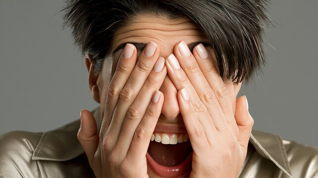 A person expresses joy and surprise by covering their face with hands and laughing.
