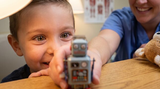 Child discovers toy robot with caregiver support in clinical setting