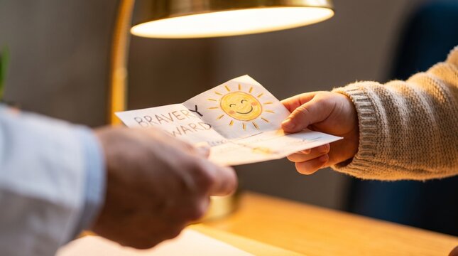 Child sharing handmade greeting card with sun drawing under warm lamp light
