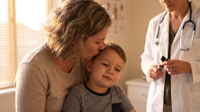 Mother comforting child during medical examination with doctor