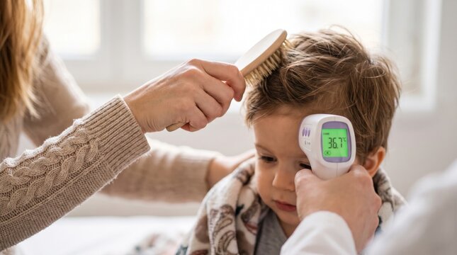 Mother checking child temperature with digital thermometer