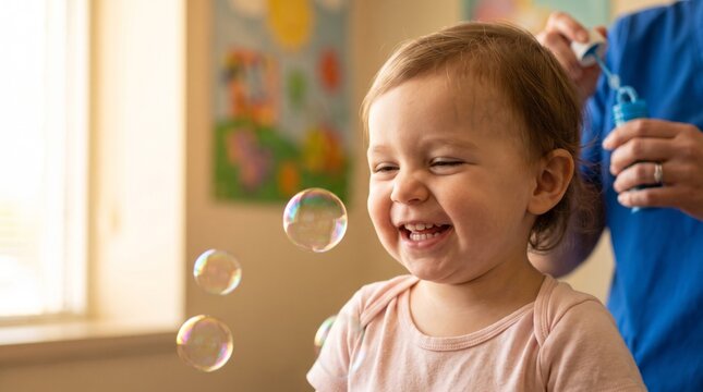Toddler laughing at bubbles during caregiving moment indoors