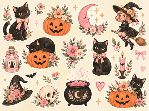 Vintage Halloween Pink Pastel Digital Illustrations Black Cat Pumpkin Witch Floral