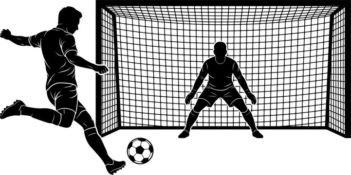 Soccer player taking a penalty kick against a goalkeeper