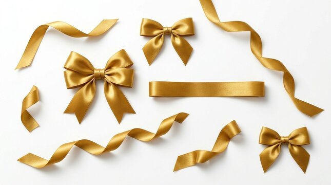Golden Satin Ribbons and Bows Arranged on White Background