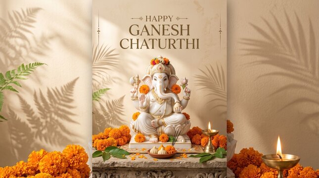 Vertical poster design for Ganesh Chaturthi celebration featuring an ornate Ganesha idol decorated with marigold garlands.