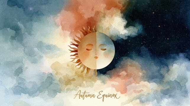 Watercolor autumn equinox illustration with sun moon and fall colors