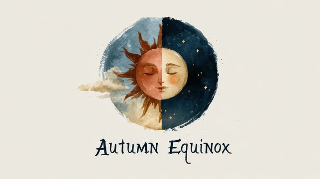 Watercolor autumn equinox illustration with a sun and moon face, day and night sky, and hand-lettered seasonal text