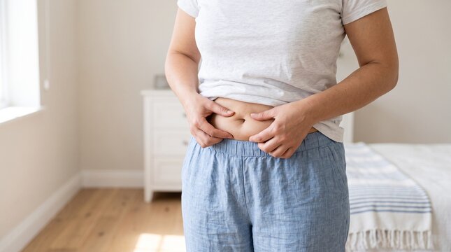Woman pinching her abdomen showing excess fat and weight gain concerns in a bedroom setting
