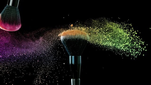 Colorful Makeup Powder Flying from Cosmetic Brushes in Super Slow Motion at 1000 fps.