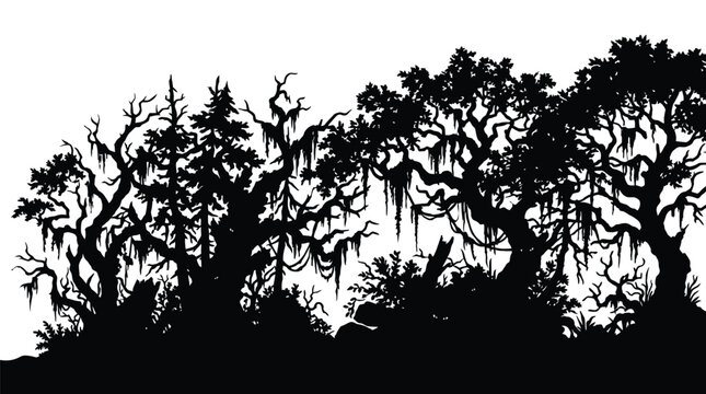 Detailed vector illustration of creepy spooky swamp trees featuring spanish moss silhouette design