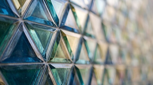 A vibrant abstract background featuring a mosaic of shiny, colorful glass tiles arranged in a geometric triangle pattern.