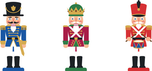 Obraz premium Traditional Christmas nutcracker character set featuring flat vector illustrations of king soldier and drummer