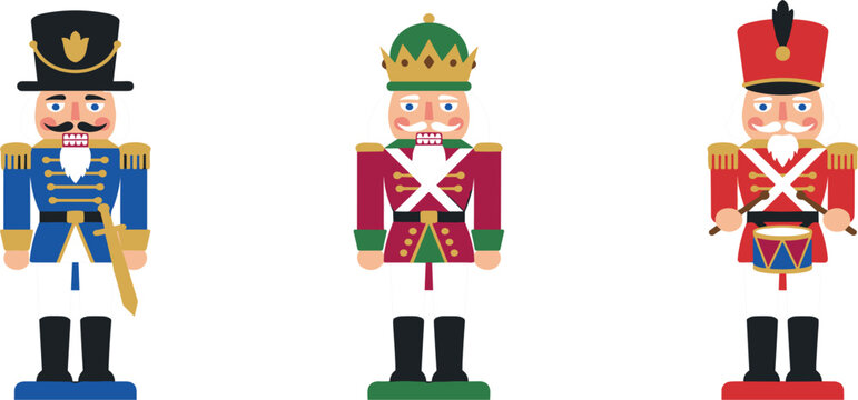 Traditional Christmas nutcracker character set featuring flat vector illustrations of king soldier and drummer