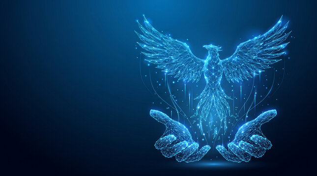 Digital Phoenix Rising from Open Hands, AI Technology Symbolizing Rebirth, Transformation, Freedom and New Beginning