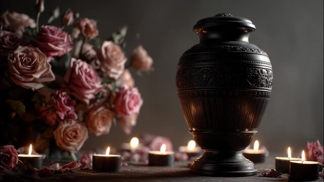Memorial urn for human ashes surrounded by candles and flowers