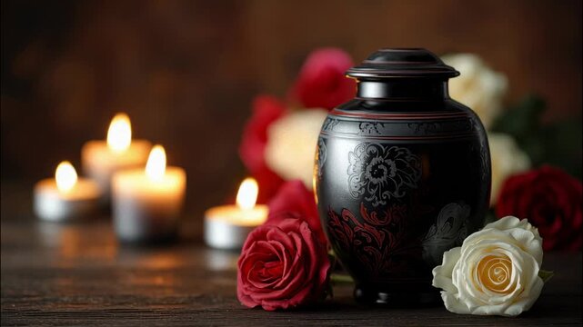 Black funeral cremation urn with glowing candles and red roses