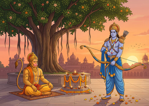 Hanuman Rama Archery Dussehra Cartoon Illustration
