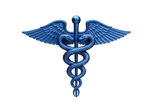 Blue caduceus symbol with wings isolated on transparent background