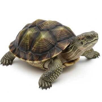 A detailed side view of a textured tortoise isolated on white background