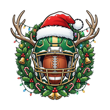 Christmas football helmet with santa hat and reindeer antlers transparent background
