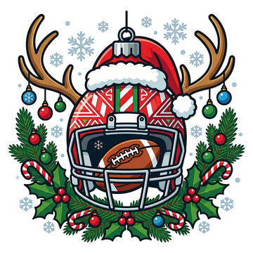 Christmas football helmet with reindeer antlers and holiday ornaments transparent background