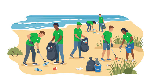 Diverse group of volunteers cleaning up trash and plastic waste on a sandy beach.